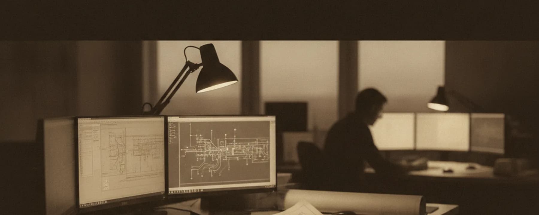 Weiter Blick in ein Planungsbüro bei Dämmerung mit Diagrammen auf Bildschirmen und einer unscharfen Person im Hintergrund
