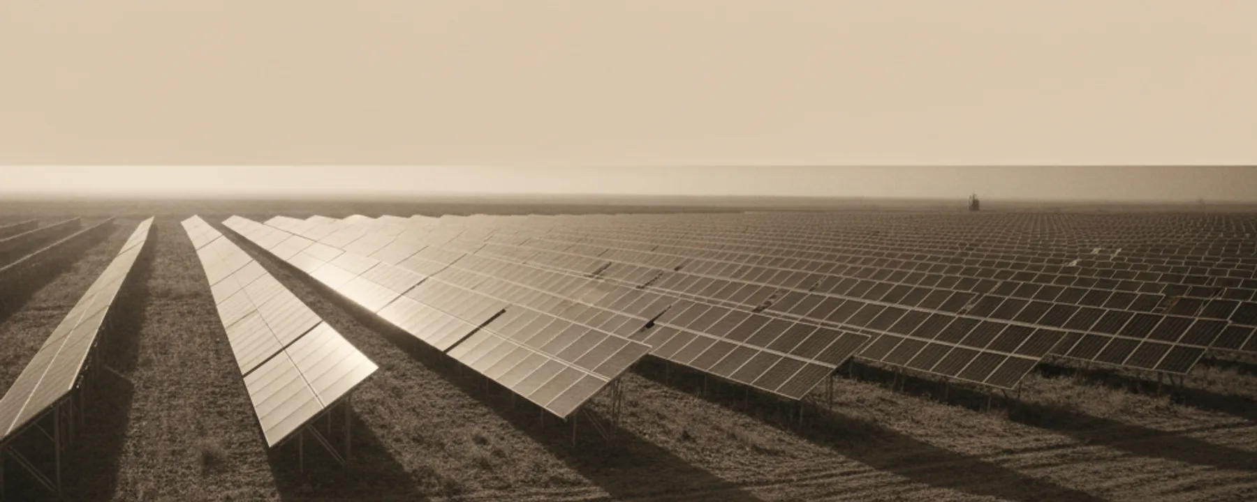 Weite Luftaufnahme eines Solarparks mit Modulreihen bei goldener Stunde