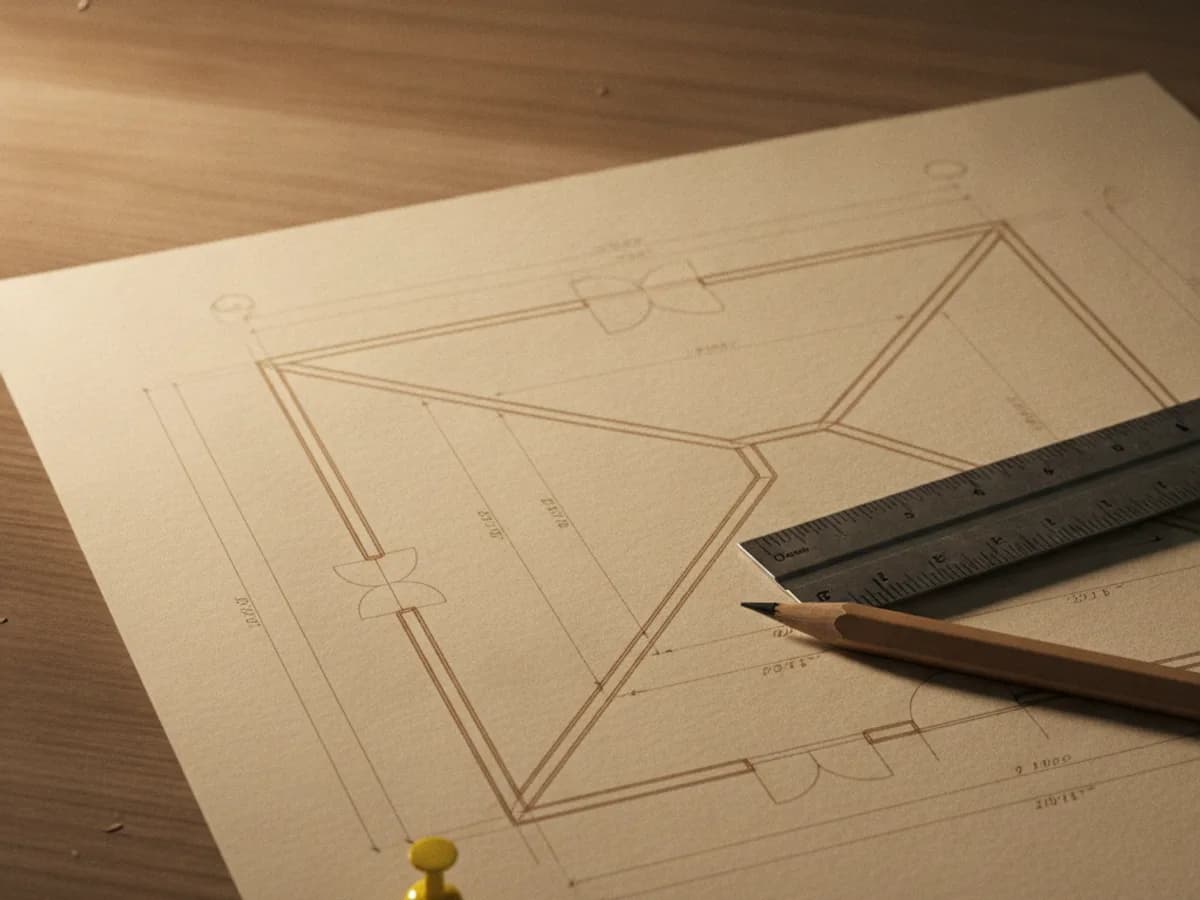 Architektur-Dachplan auf Cremepapier mit Lineal und Bleistift, Nahaufnahme