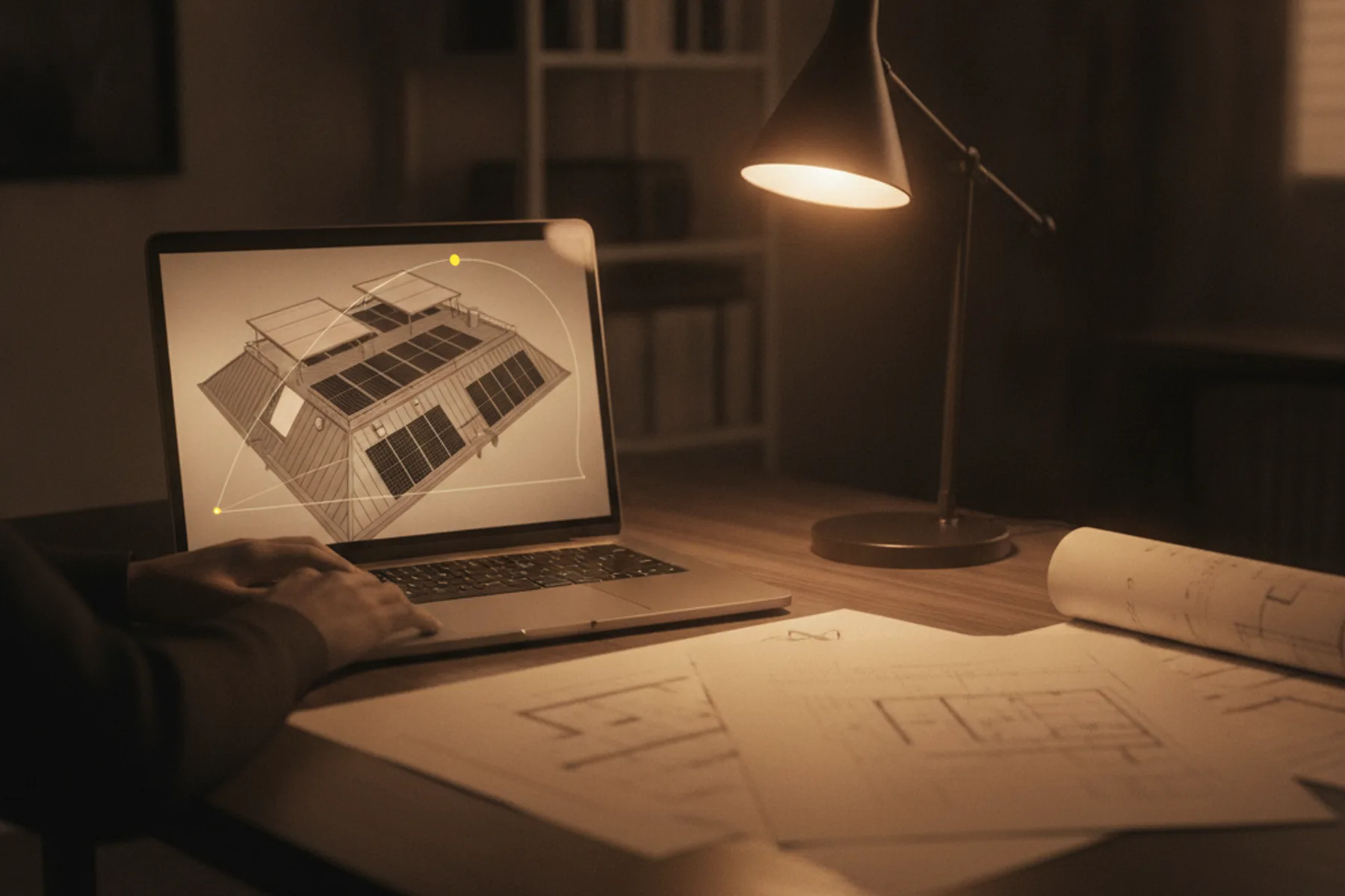 Nächtlicher Arbeitsplatz mit glühendem Laptop-Bildschirm, Solaranlagen-Simulation und Dachplänen auf dem Tisch, anonyme Hände an der Tastatur